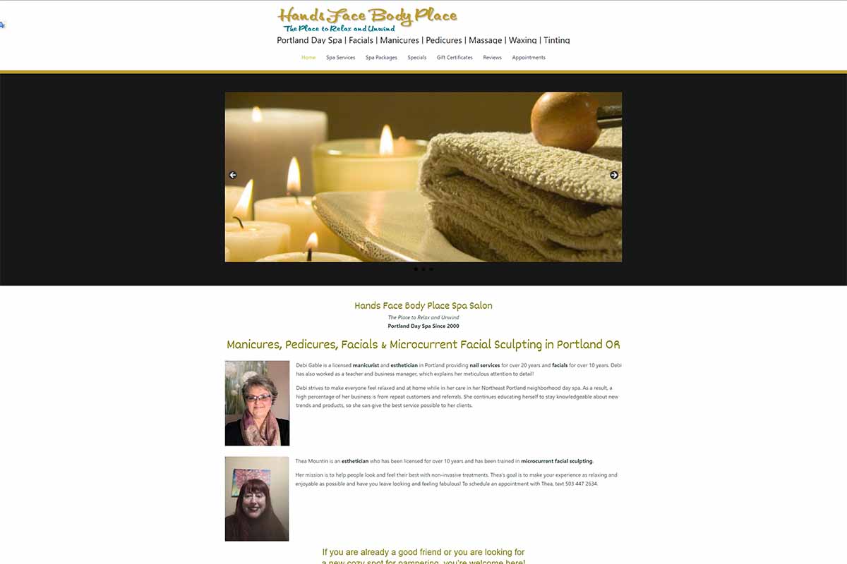 Screen Capture of Hands Face Body Place Portland Day Spa with Debi Gable